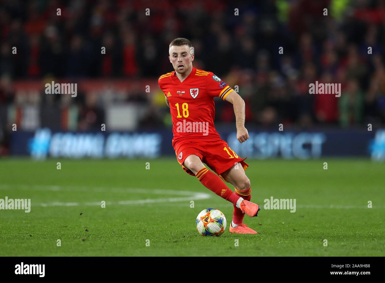 Joe Morrell of Wales in action.UEFA Euro 2020 qualifier group E match, Wales v Hungary at the Cardiff city Stadium in Cardiff , South Wales on Tuesday 19th November 2019. pic by Andrew Orchard/Andrew Orchard sports photography/Alamy live News EDITORIAL USE ONLY Stock Photo
