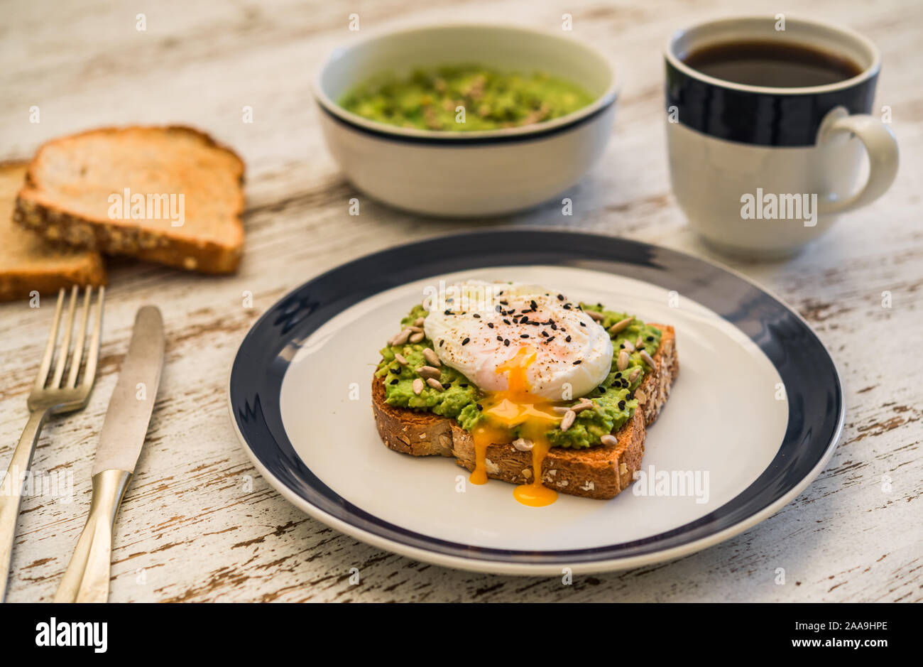 Avocado toast with poached egg. Vegetarian food and healthy eating