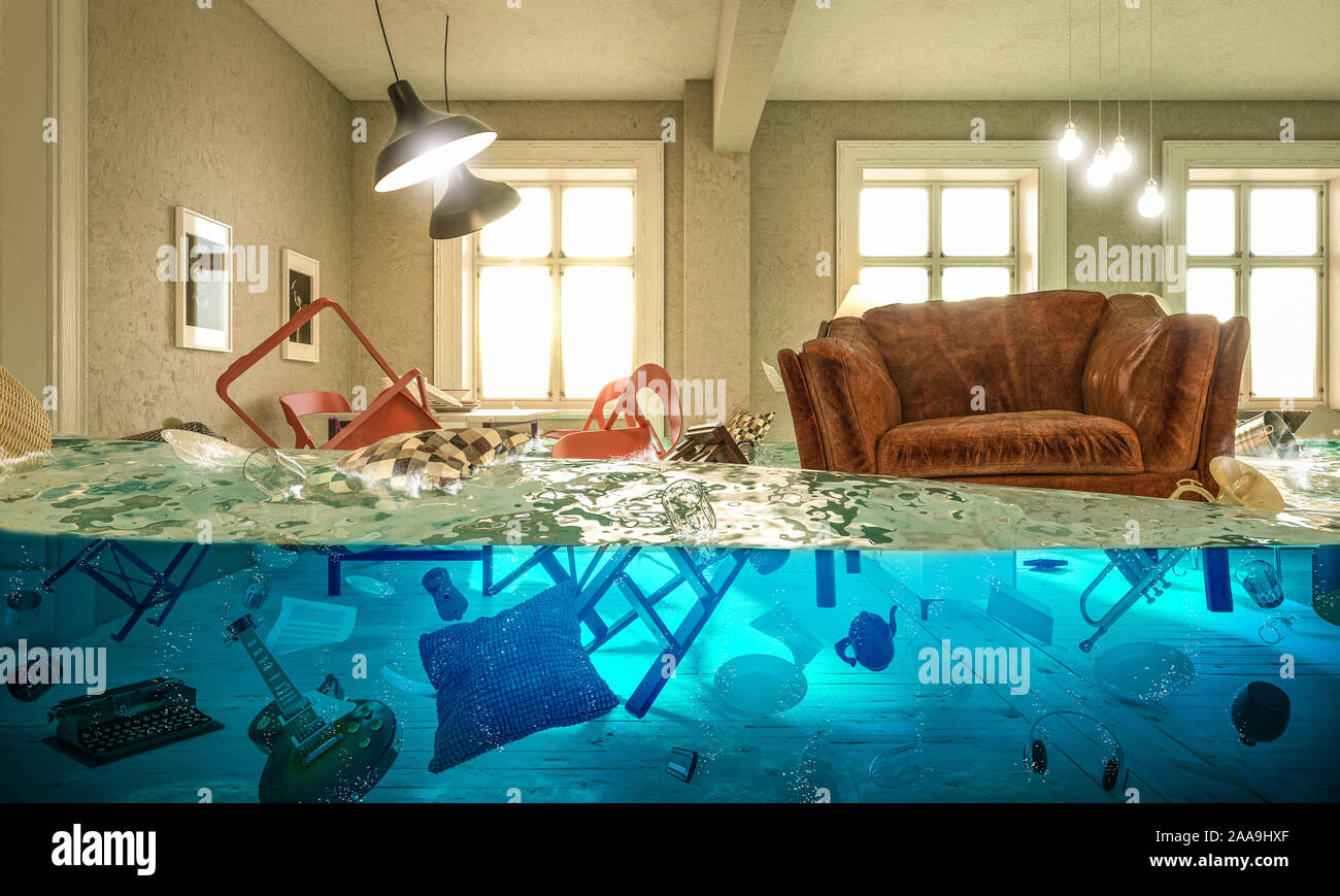 living room flooded with floating chair and no one above. Concept of domestic problems. 3d image render. Stock Photo
