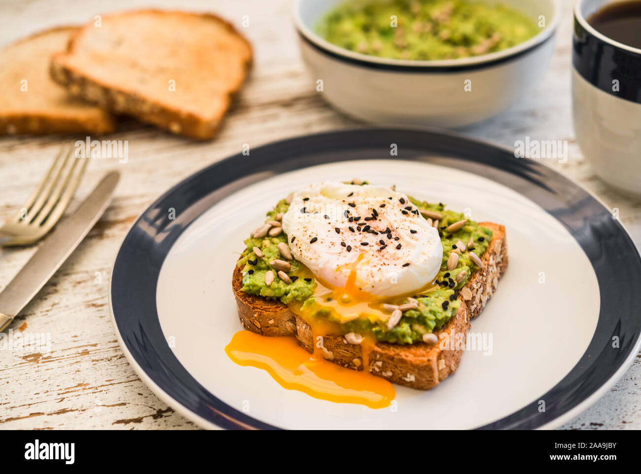 Avocado toast with poached egg. Vegetarian food and healthy eating