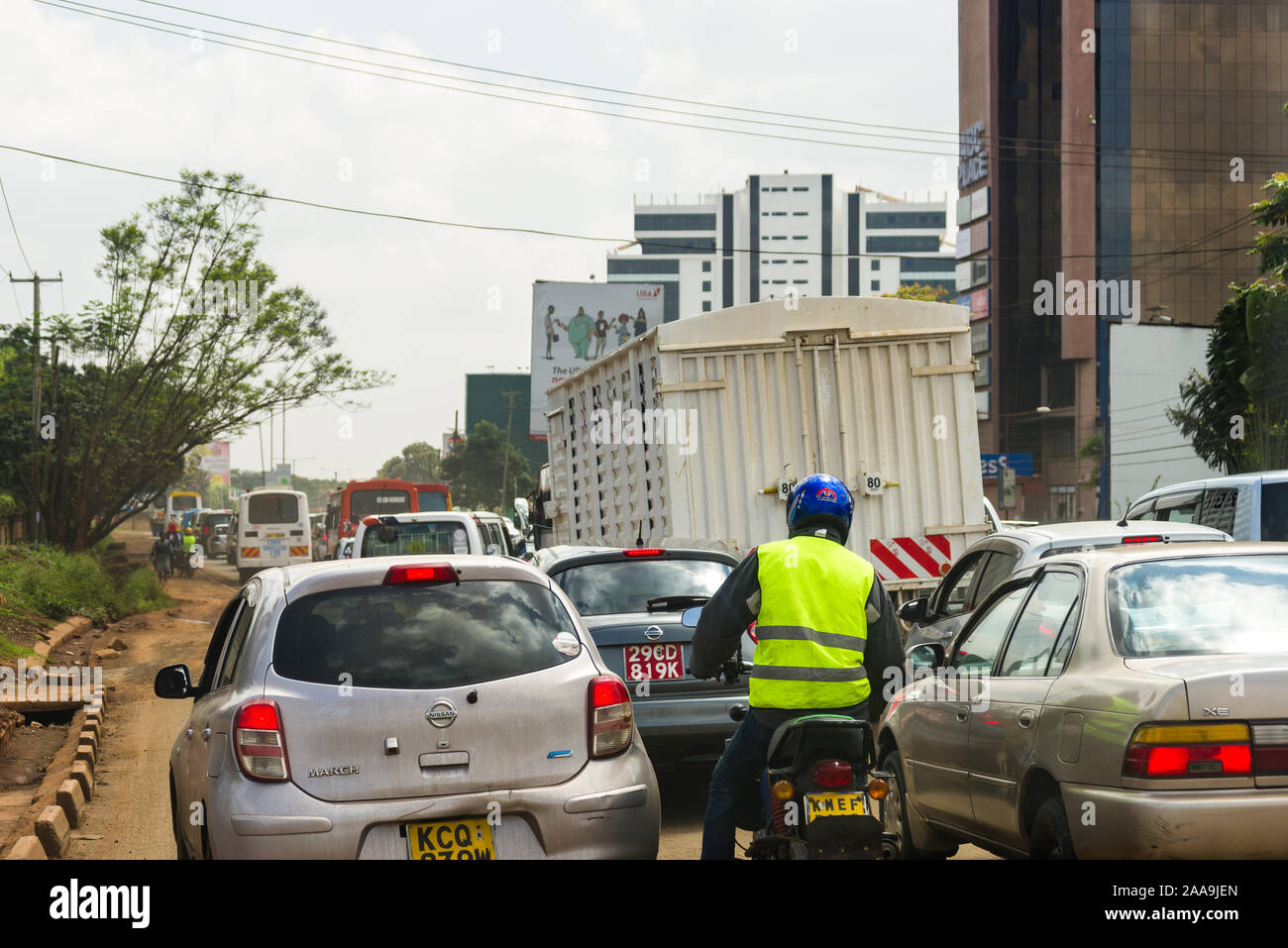 Vehicles stuck in heavy traffic on Waiyaki Way heading in to Nairobi, Kenya Stock Photo