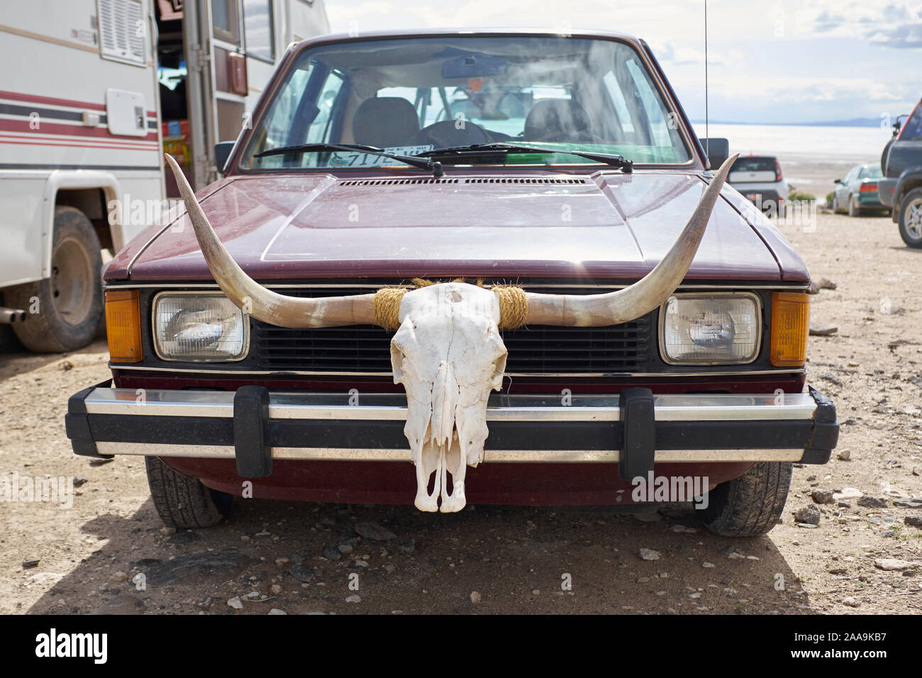 Car and cowhorns, Utah, USA Stock Photo