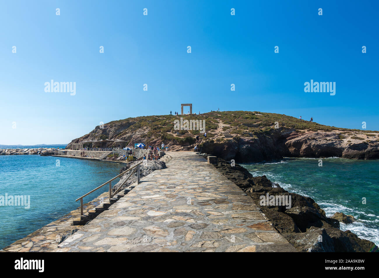 Naxos, Greece - July 12, 2019: View of Naxos capital Chora from the portara promenade area on a sunny afternoon Stock Photo