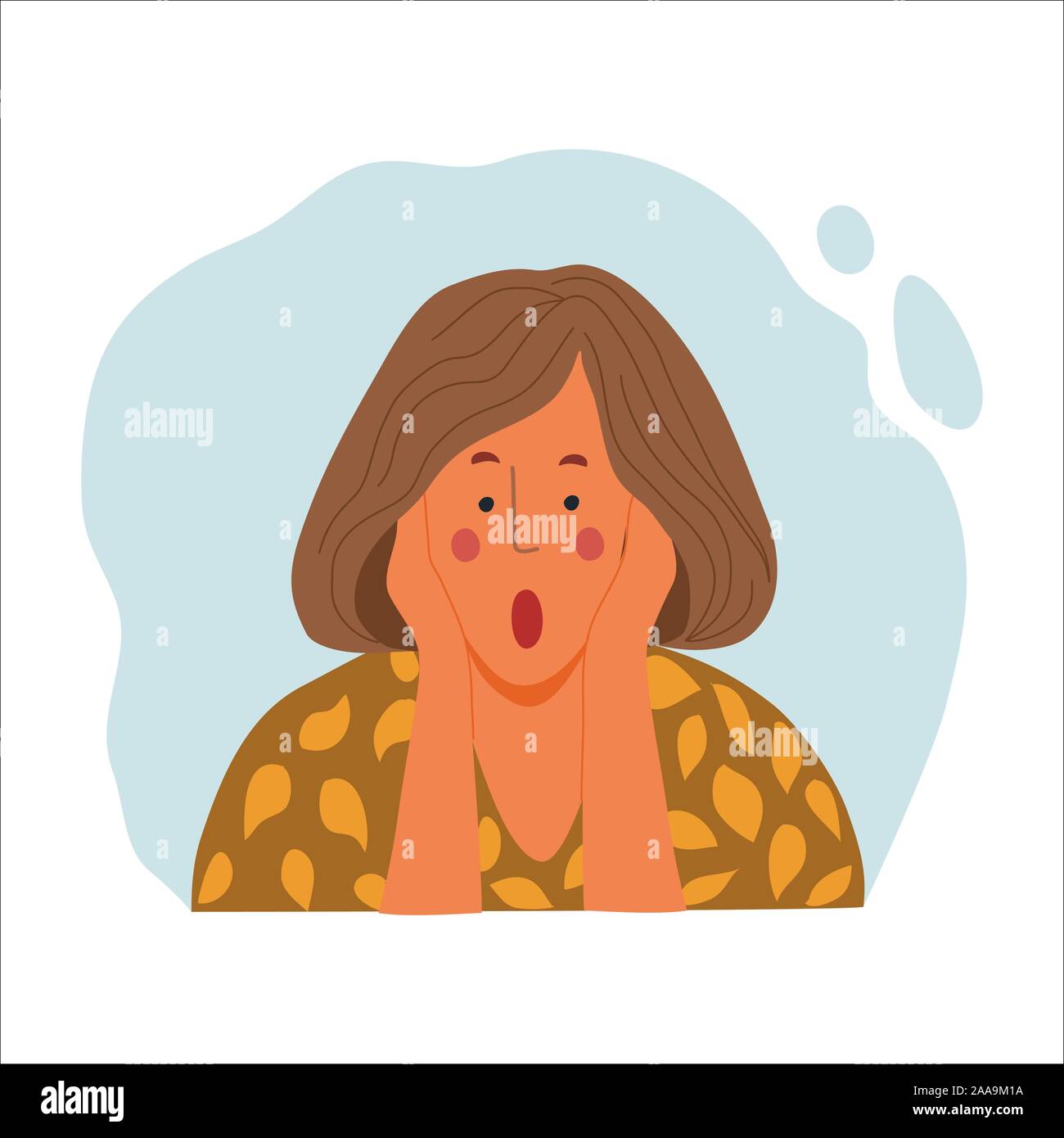 Women emotional portrait, hand drawn flat style design concept illustration of terrified girl, female face and hands avatar. Vector Stock Vector