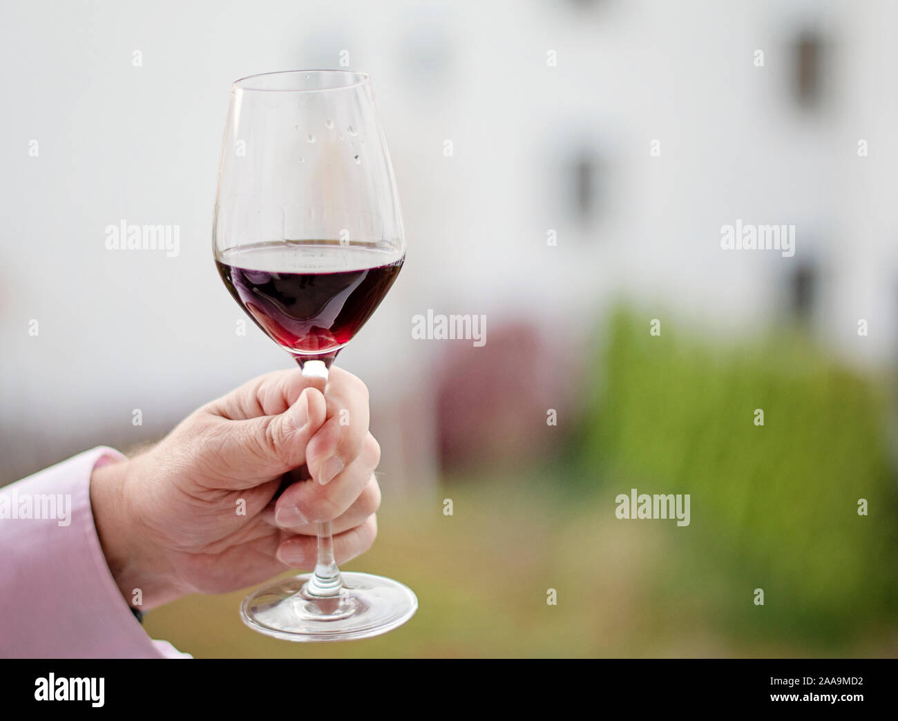 Image of half full glass of red wine in man hand. Copy space. Space for text. Stock Photo