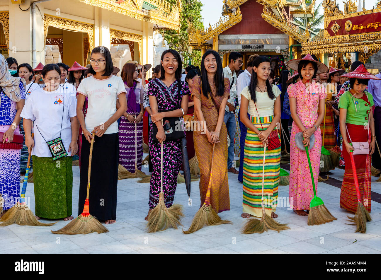 Local People Sweeping/Cleaning At The Shwedagon Pagoda, Yangon, Myanmar ...