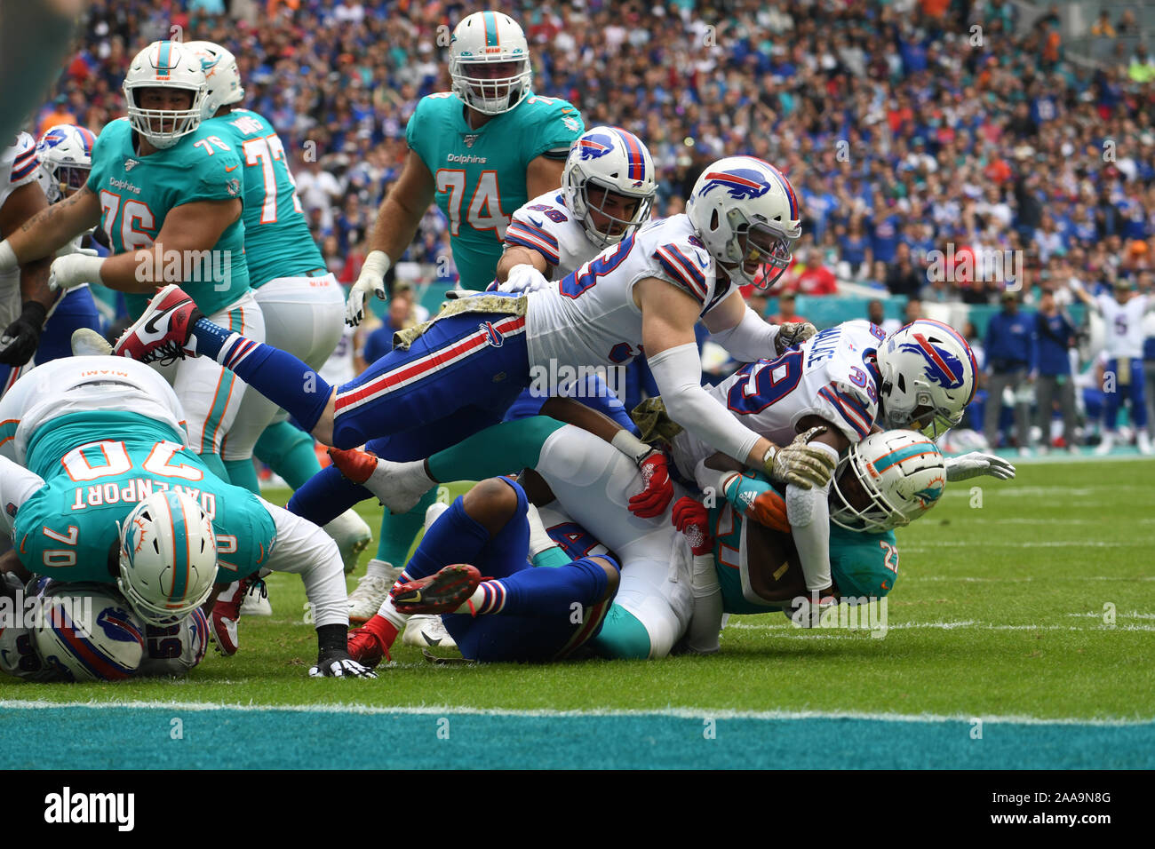 Houston, Texas, USA. 4th Jan, 2020. Buffalo Bills quarterback Josh Allen  (17) fumbles the ball after being hit from behind by Houston Texans safety  Mike Adams (27) during the fourth quarter of