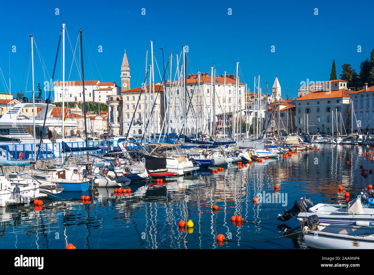 A view of the harbour in the  medieval city of Piran, Slovenia, Europe. Stock Photo
