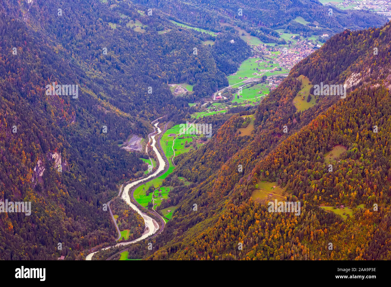 Lauterbrunnen valley and mountains Swiss Alps, Switzerland aerial autumn view in Jungfrau region Stock Photo