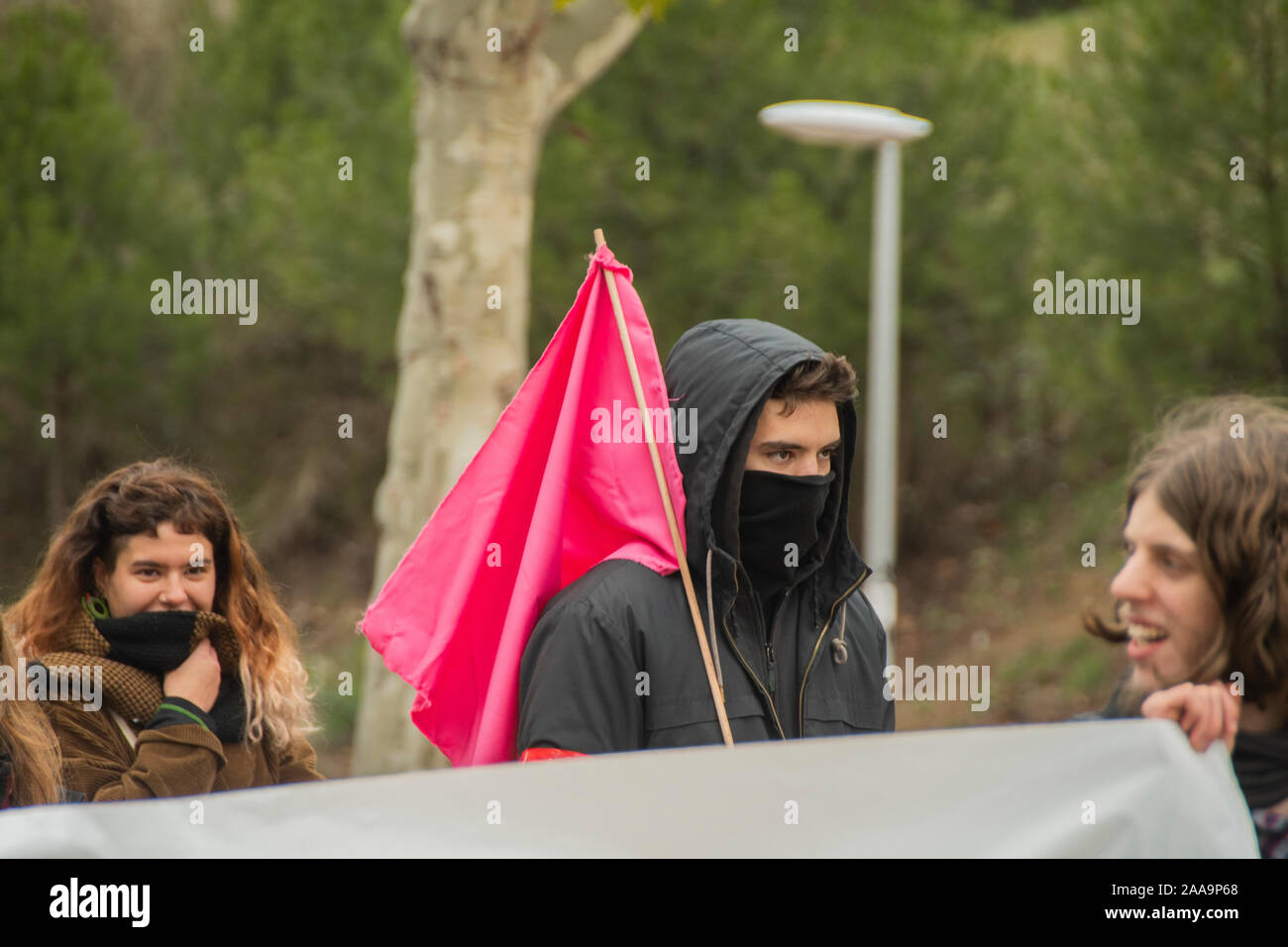 Student demonstration of the 83rd anniversary of the historical death of the Spanish anarchist leader Buenaventura Durritu, on Complutense Avenue, the Stock Photo