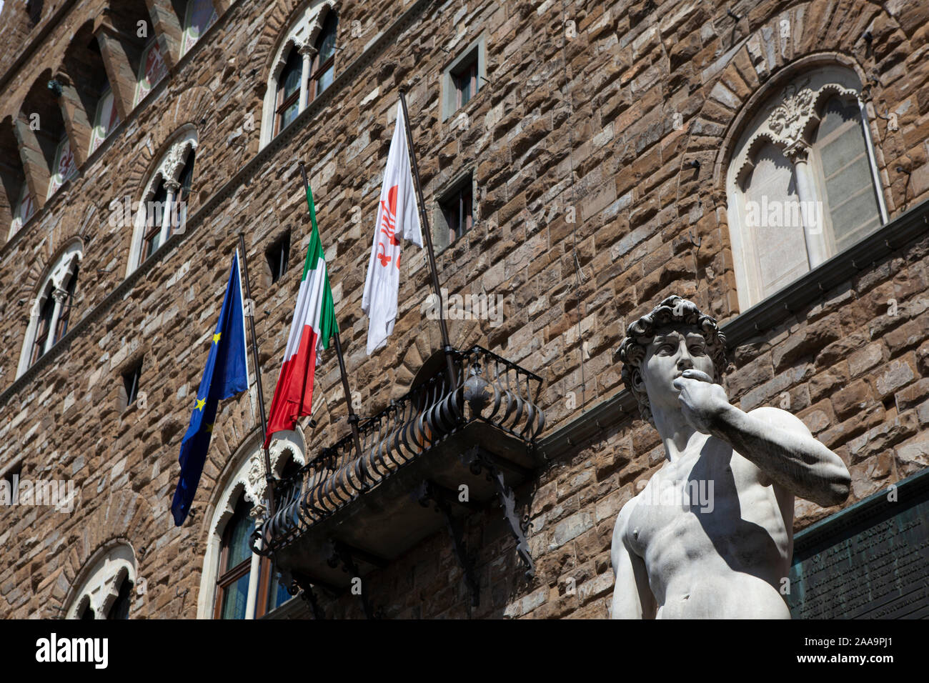 Statue of David, by Michaelangelo (replica), Piazza della Signoria, Florence, Italy Stock Photo