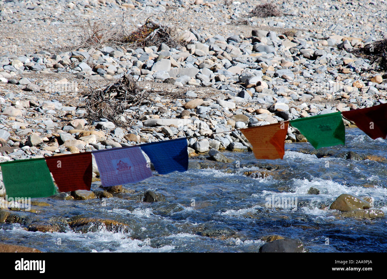 prayer flags in the mountains of western Sichuan in china Stock Photo