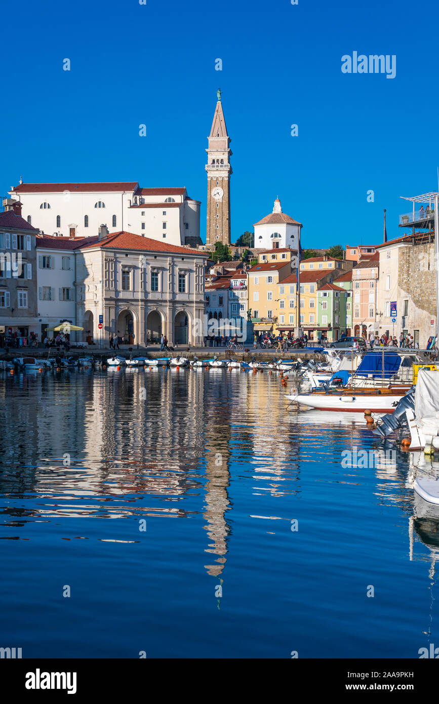 A view of the harbour in the  medieval city of Piran, Slovenia, Europe. Stock Photo