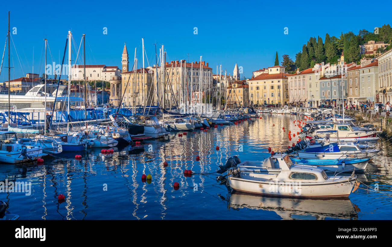 A view of the harbour in the  medieval city of Piran, Slovenia, Europe. Stock Photo