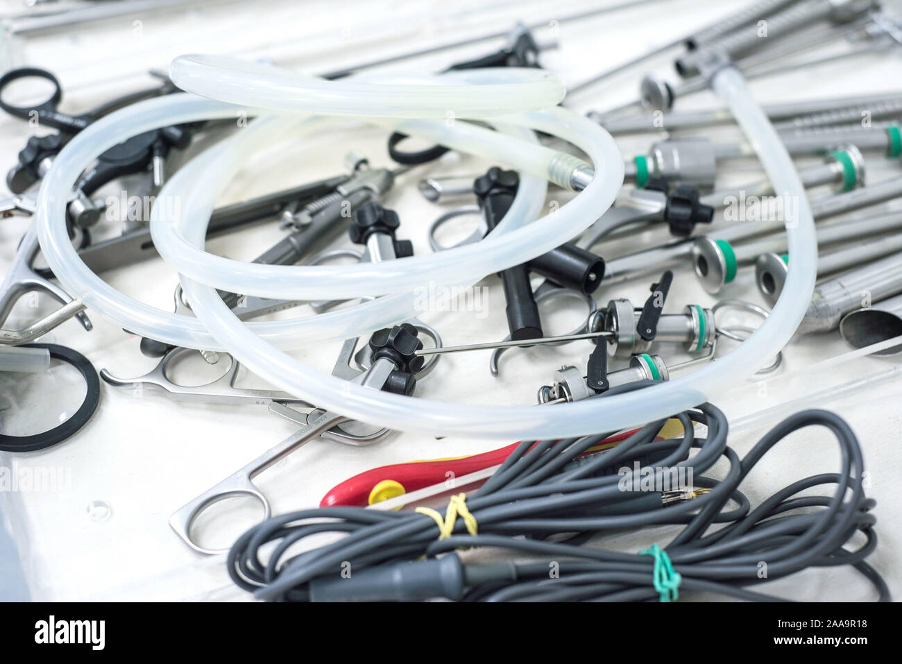 sterile medical instruments for laparoscopic surgery closeup, on the