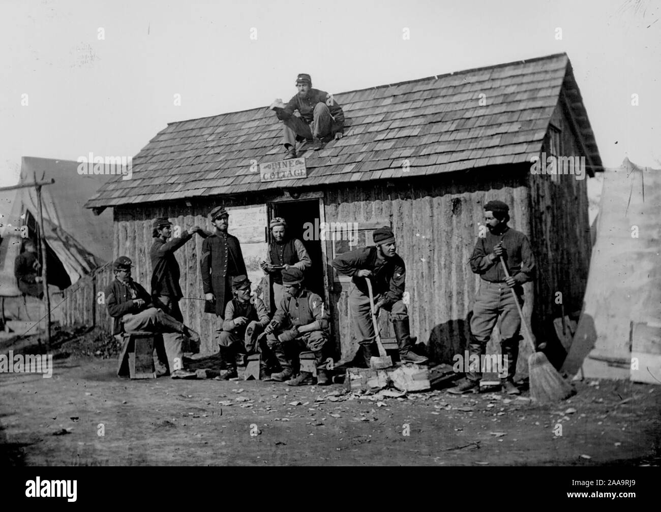 Civil War; Winter quarters; soldiers in front of their wooden hut, 'Pine Cottage.' Stock Photo