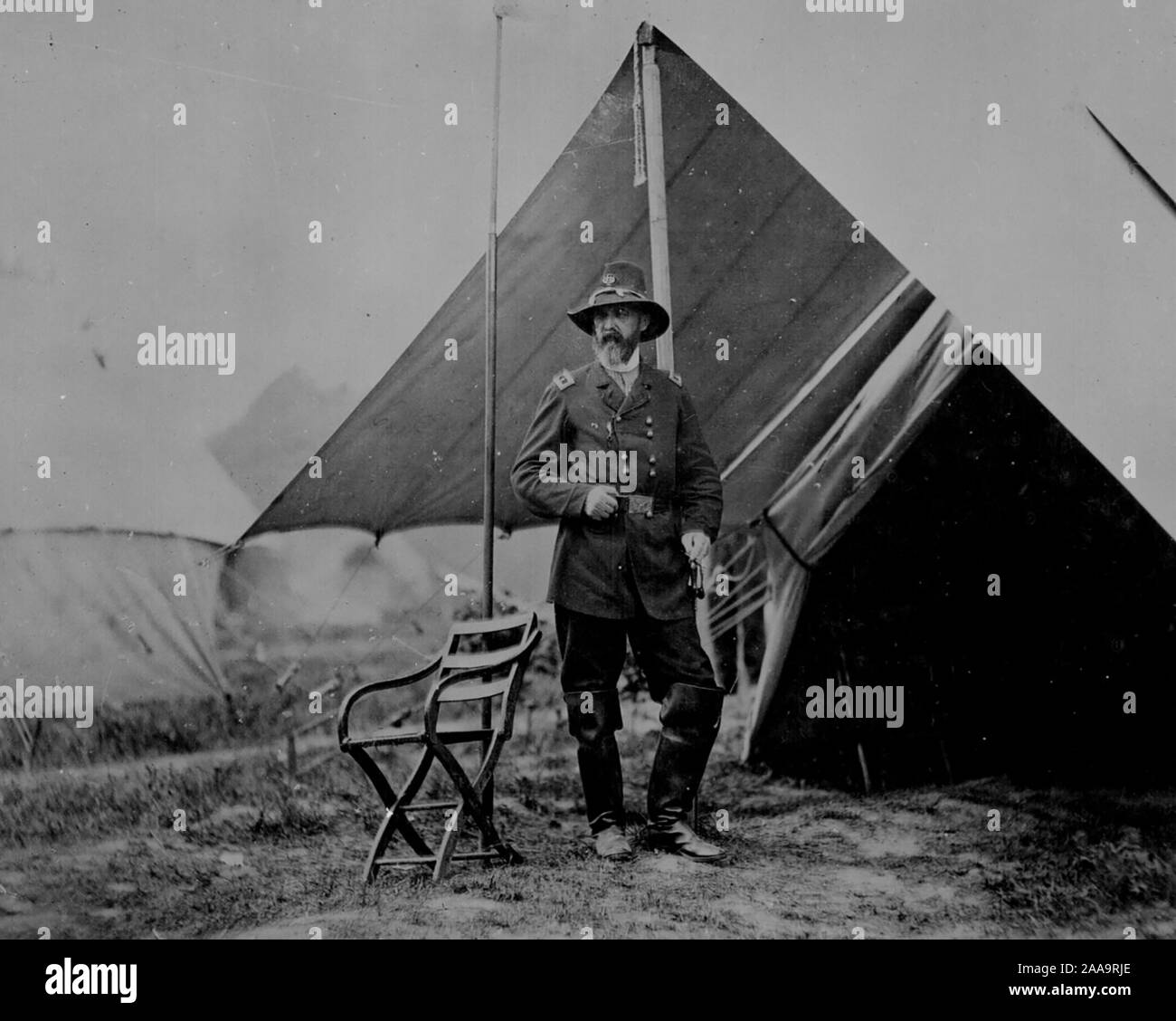 Civil War Maj. Gen. George G. Meade standing in front of his tent, June 1864. Stock Photo