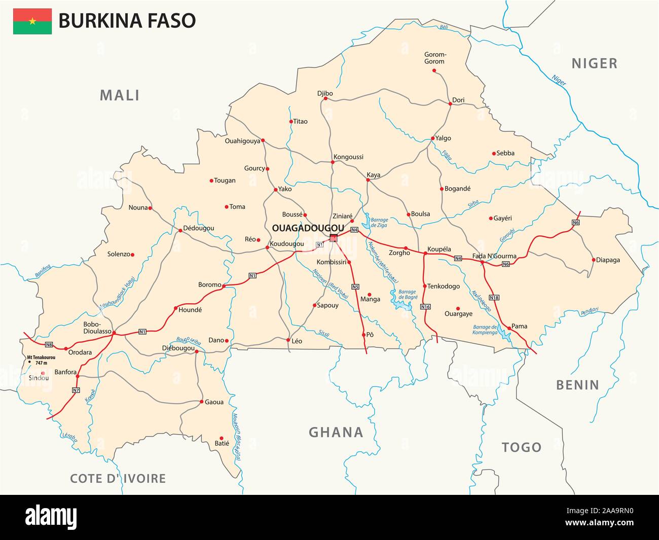 Road map of the West African state of Burkina Faso Stock Vector