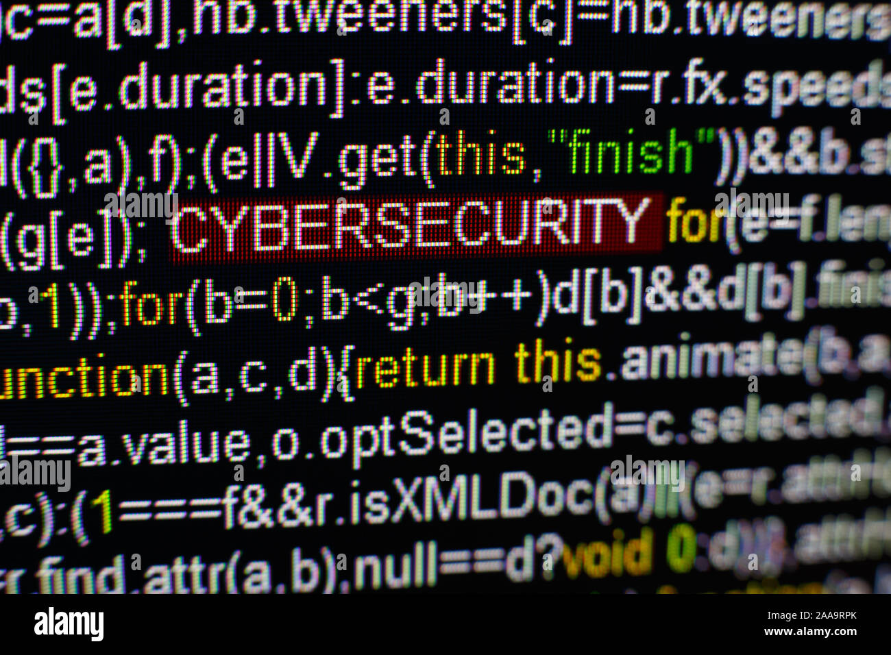 Macro photo of computer screen with program source code and highlighted ...
