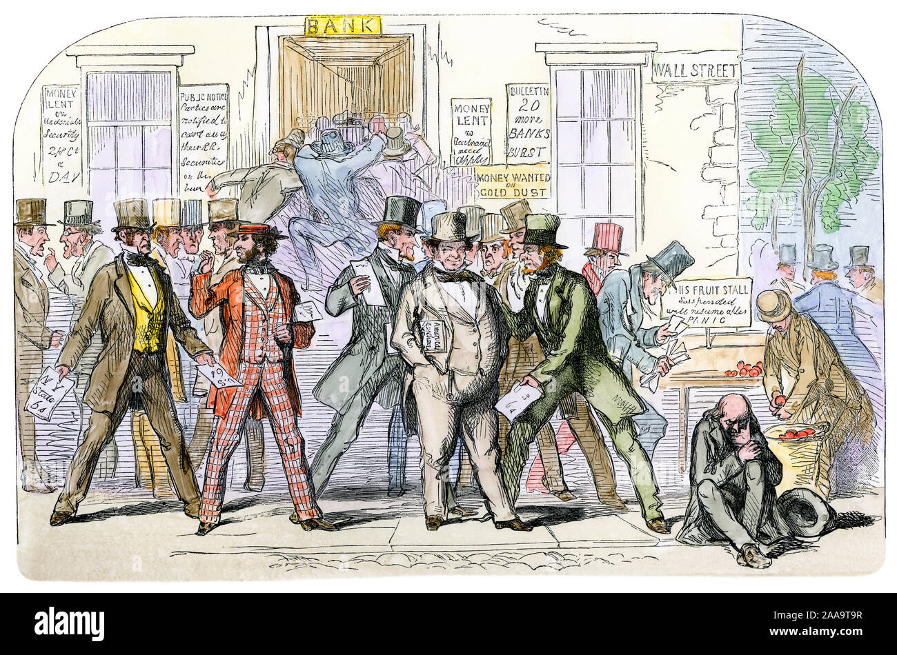Panic on Wall Street, 1857. Hand-colored woodcut Stock Photo