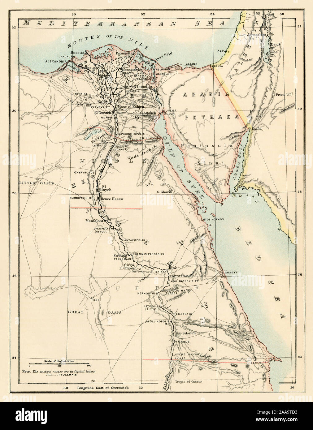 Map of Egypt, 1870s. Color lithograph Stock Photo