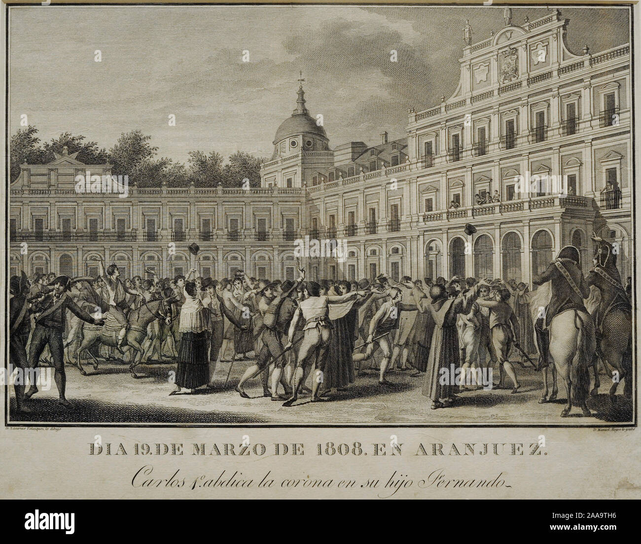 Peninsular War (1808-1814). Charles IV abdicates in favour of his son Ferdinand (Aranjuez, March 19, 1808). Etching and engraving on paper, ca.1814. Engraved by Manuel Alegre (1768-1815) and drawing by Zacarias Gonzalez Velazquez (1763-1834). History Museum. Madrid. Spain. Stock Photo