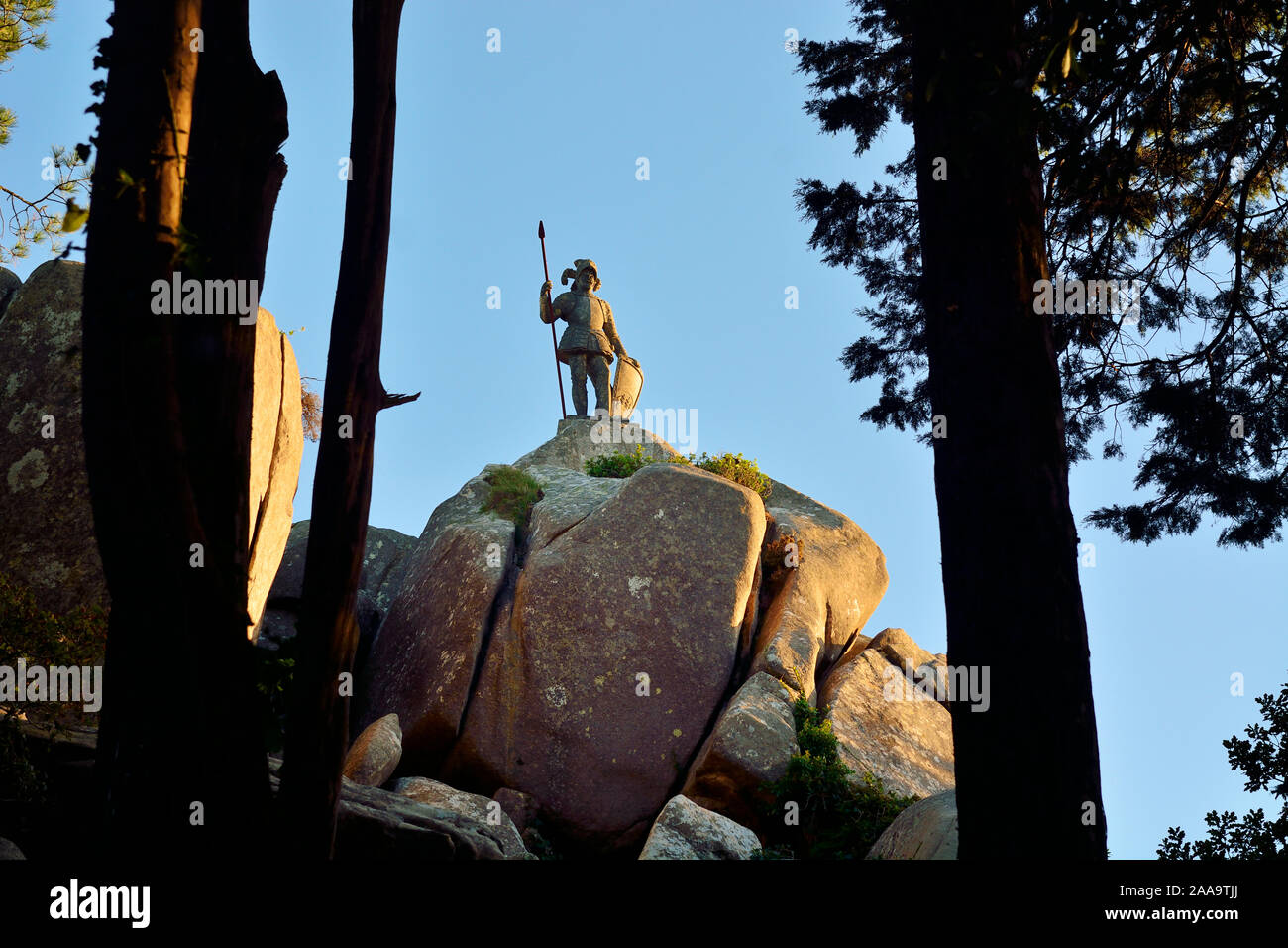 The statue of a knight in the forest of the Sintra-Cascais Natural Park, a Unesco World Heritage Site. Portugal Stock Photo
