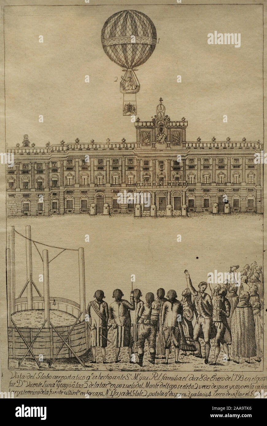 History of Air Transport. 18th century. Balloon test flight by Vicente Lunardi (1754-1806) before King Charles IV and the entire royal family, on January 8, 1793. Etching on paper by Jose Rodriguez. History Museum. Madrid. Spain. Stock Photo