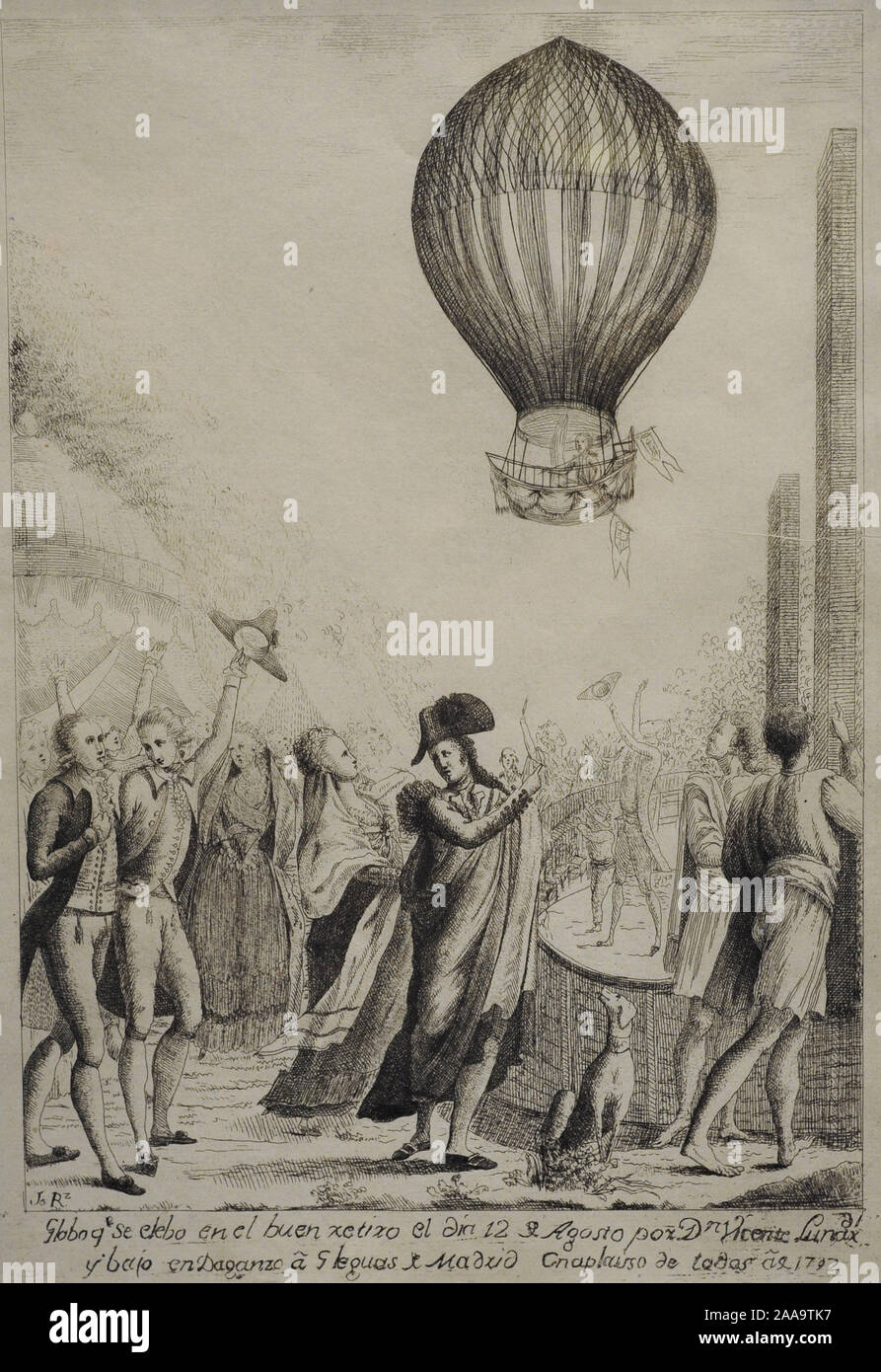 Balloon ascent of Vicente Lunardi (1754-1806) on the Buen Retiro, August 12, 1792. Etching on paper, ca.1793. History Museum. Madrid. Spain. Stock Photo