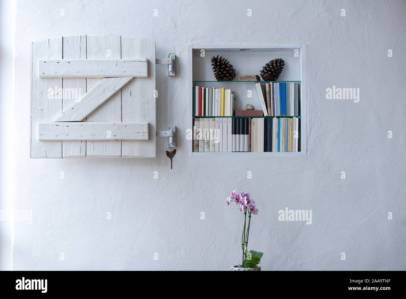 Small decorated bookcase with white wooden shabby shutter in a white wall, orchid Stock Photo