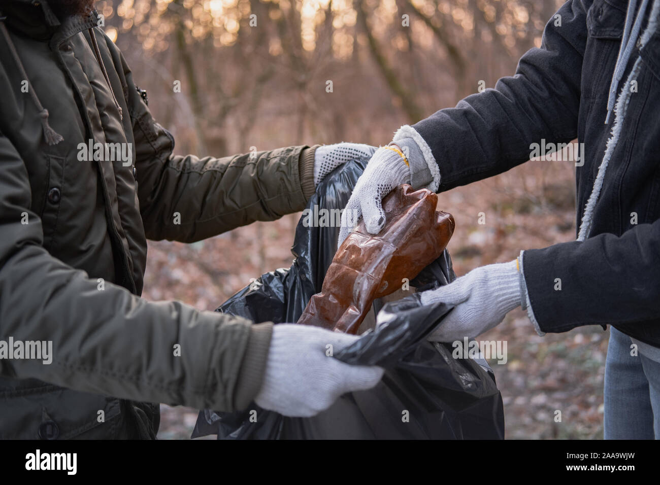 Environmental awareness concept: people clean up forest from plastic waste. Gathering old bottles and other trash from the nature Stock Photo