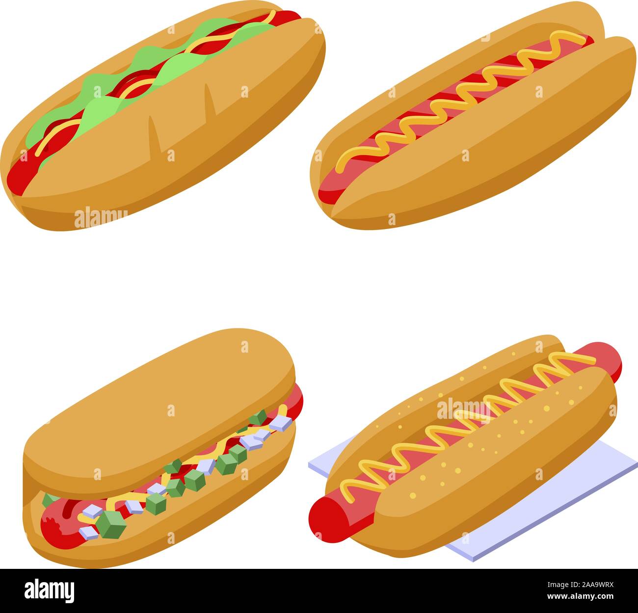 Hot dog icons set, isometric style Stock Vector