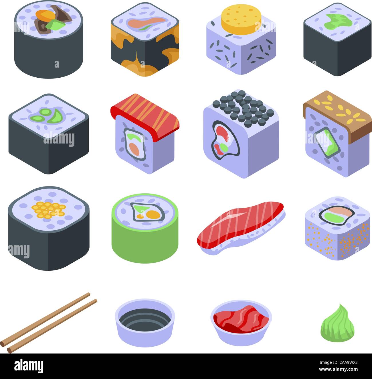 Sushi roll icons set, isometric style Stock Vector