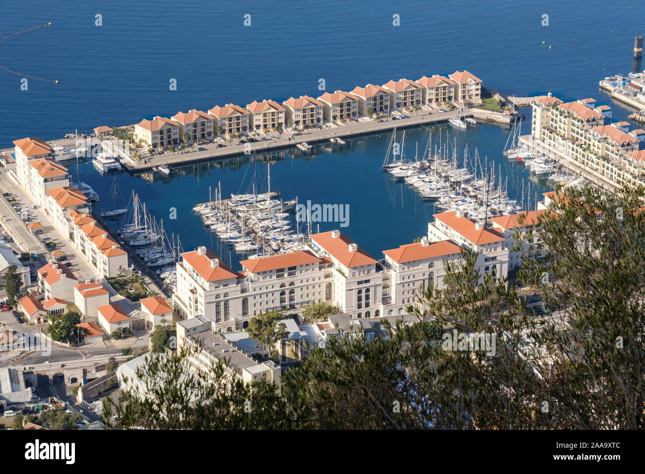 The Queensway Quay Marina and apartments, Gibraltar, an aerial view from The Rock Stock Photo