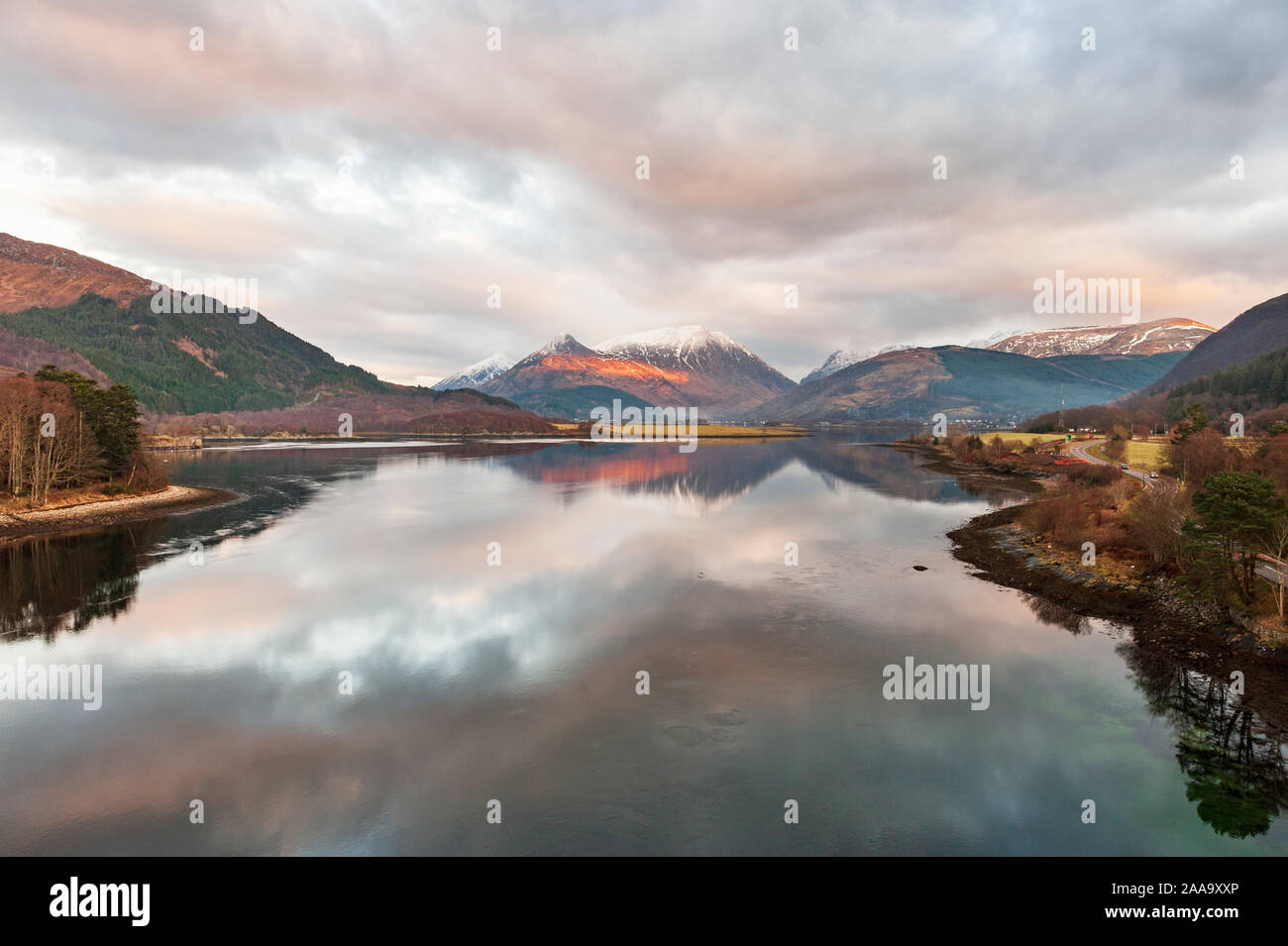 North West Scotland landscape - Loch Leven in the Scottish Highlands looking towards the Pap of Glen Coe and Glencoe village from Ballachulish Stock Photo