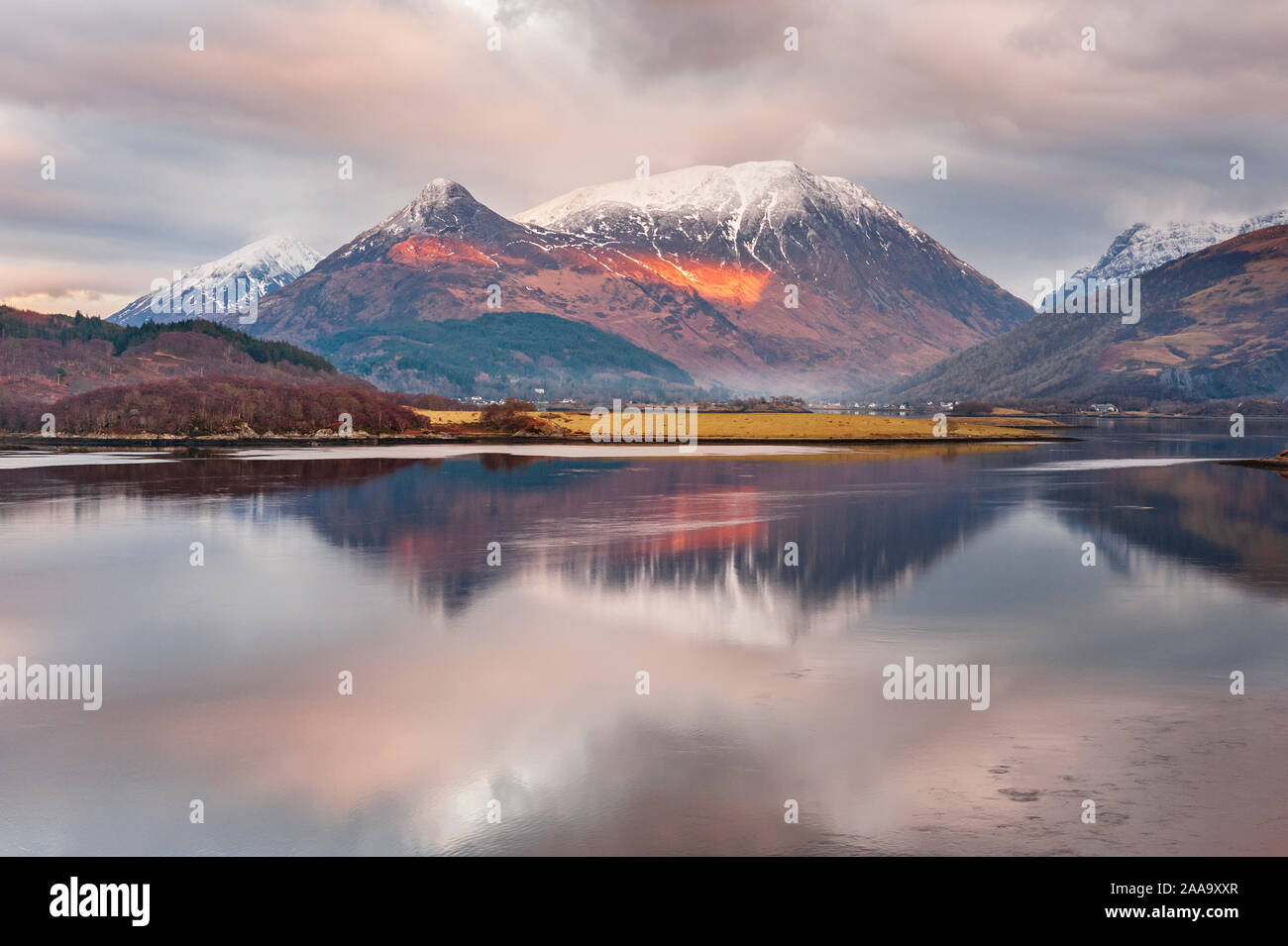 North West Scotland landscape - Loch Leven in the Scottish Highlands looking towards the Pap of Glen Coe and Glencoe village from Ballachulish Stock Photo