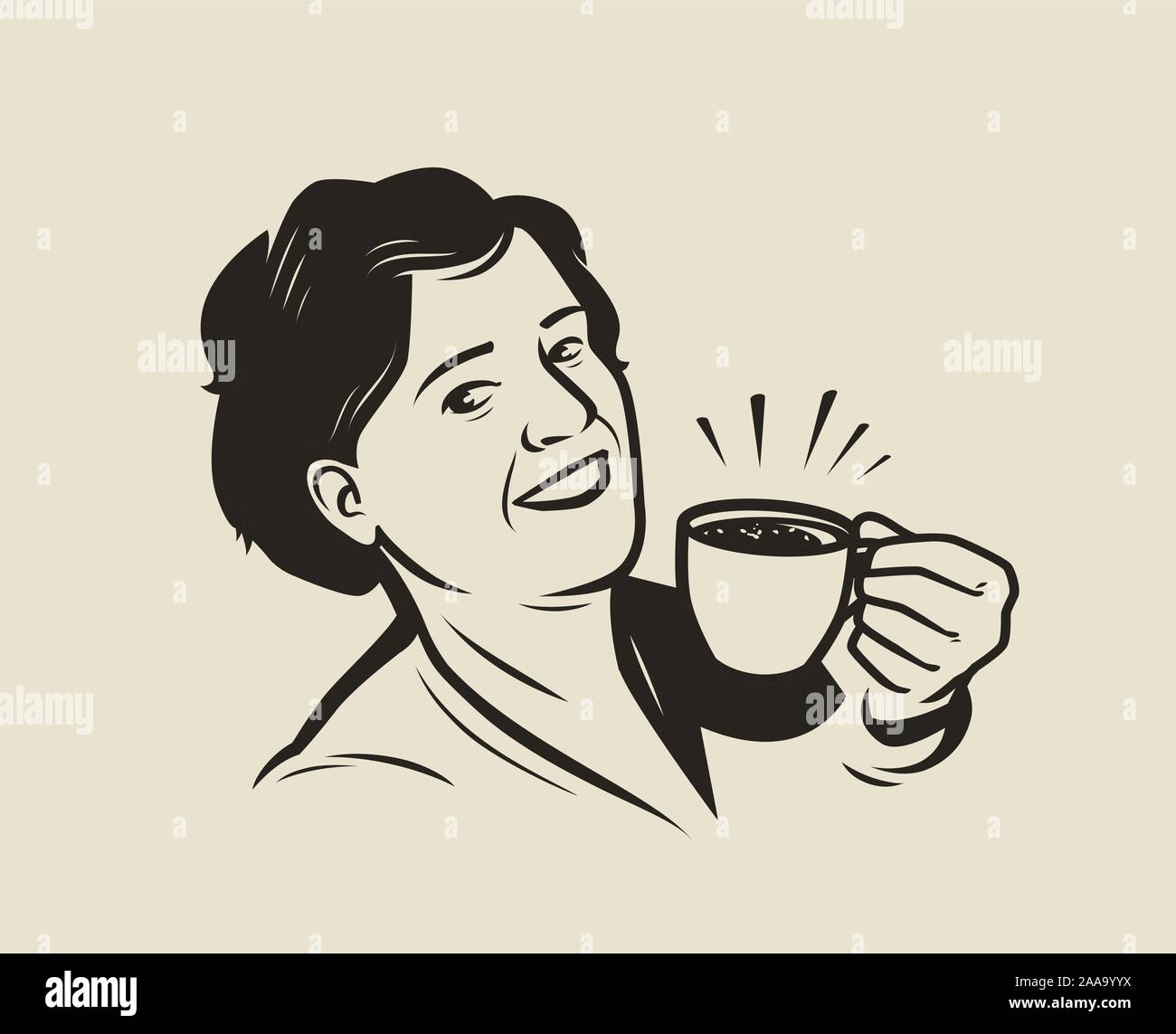 Happy young woman holding a cup of fresh coffee. Retro vector ...