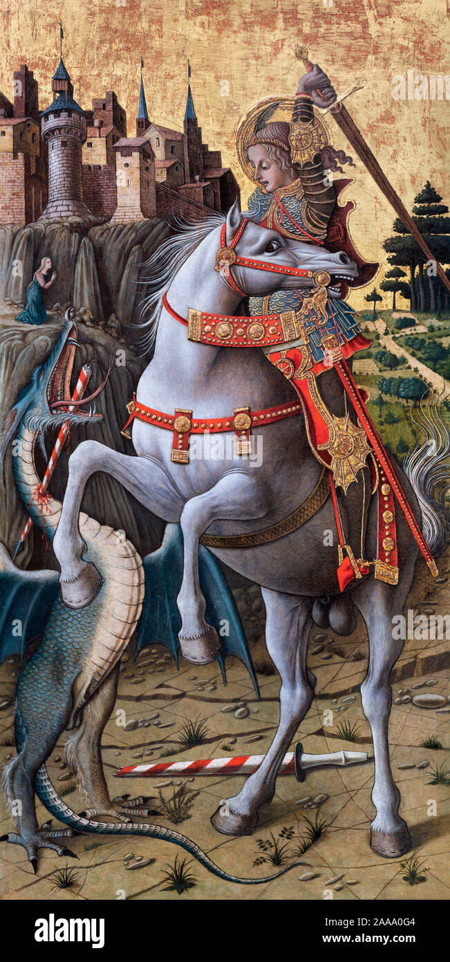 Saint George Slaying the Dragon by Carlo Crivelli (c.1430-1435 - c.1495), gold, silver and tempera on panel, 1470 Stock Photo