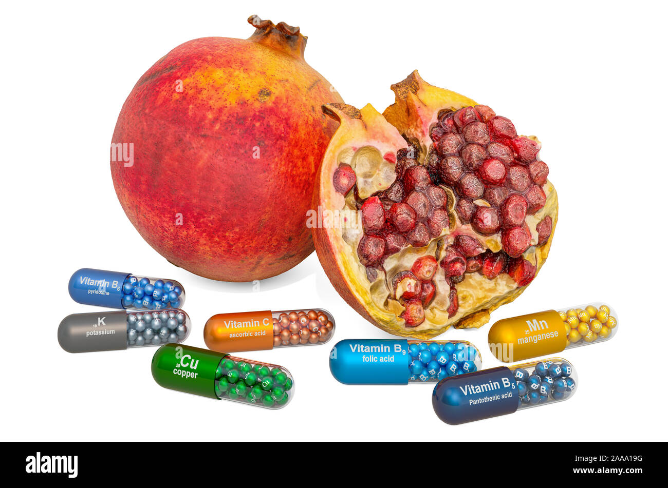 Vitamins and minerals of pomegranate, 3D rendering isolated on white