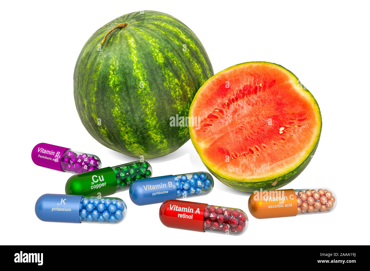 Vitamins and minerals of watermelon, 3D rendering isolated on white