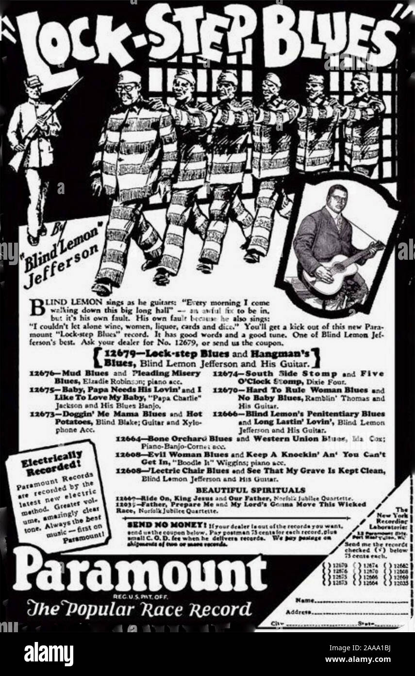 BLIND LEMON JEFFERSON (1893-1929) American blues and gospel musician as advertised in a Paramount Race Records advert in 1928. Stock Photo