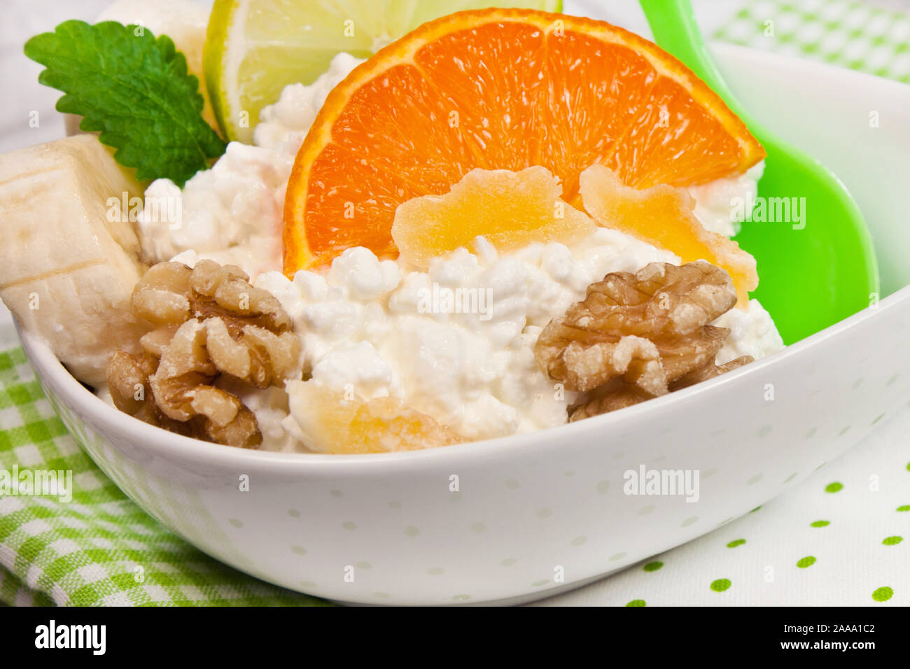 Cottage Cheese With Walnuts And Fresh Fruits Stock Photo