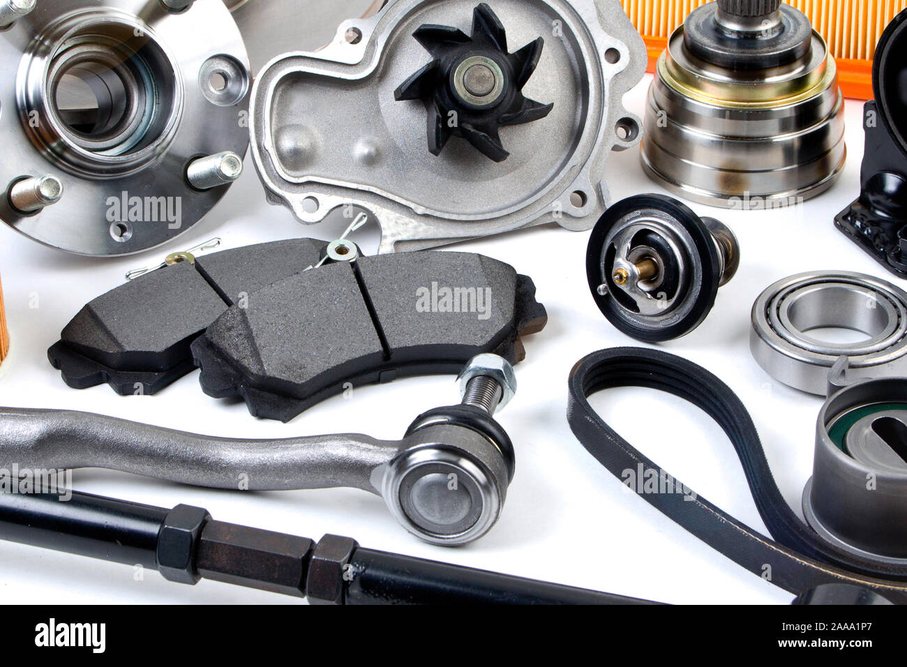 Auto parts background. Hub, pump, brake pads, filter, timing belt ...