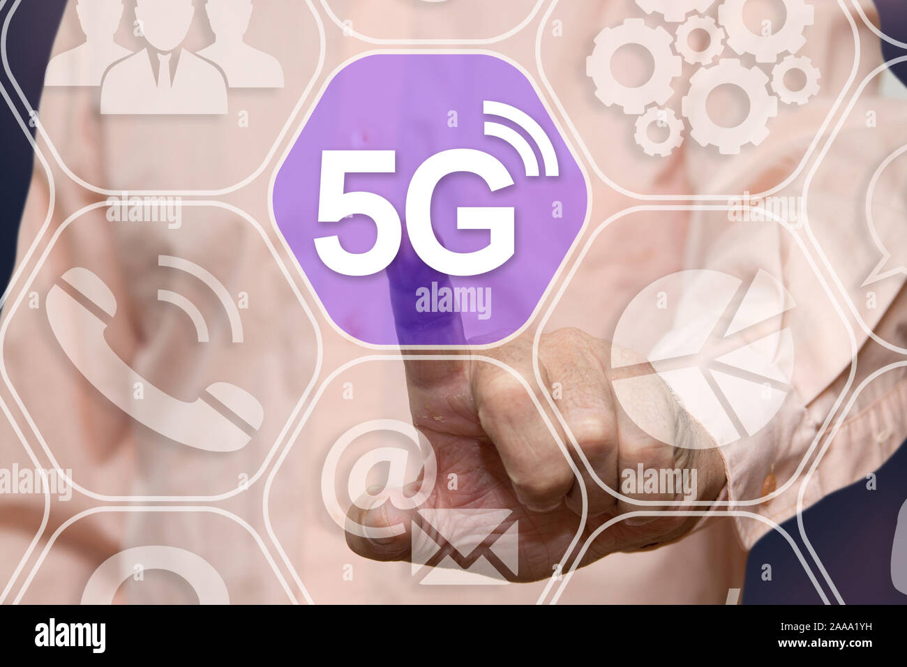 Businessman chooses 5G Wireless connection on the touch screen network connections Stock Photo
