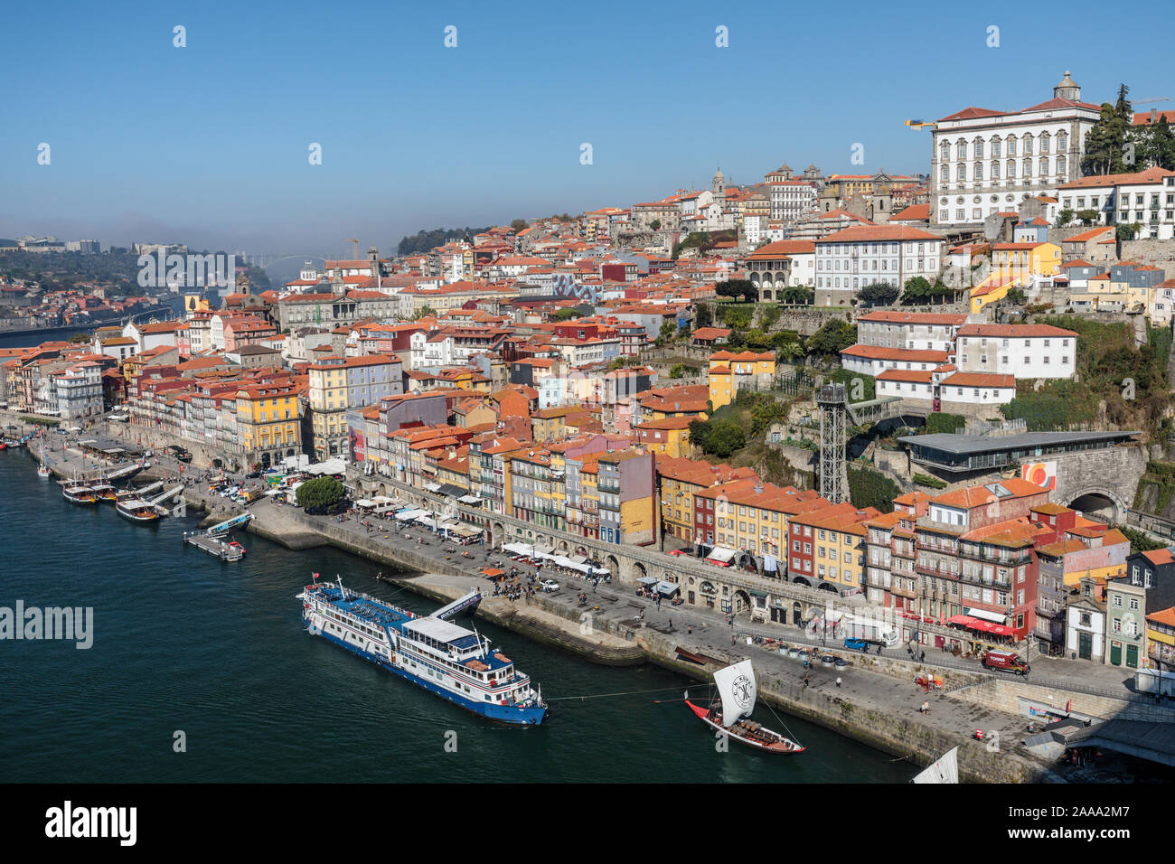 View from Dom Luis I Bridge overseeing the Ribeira area and the Douro River. Porto, Portugal Stock Photo