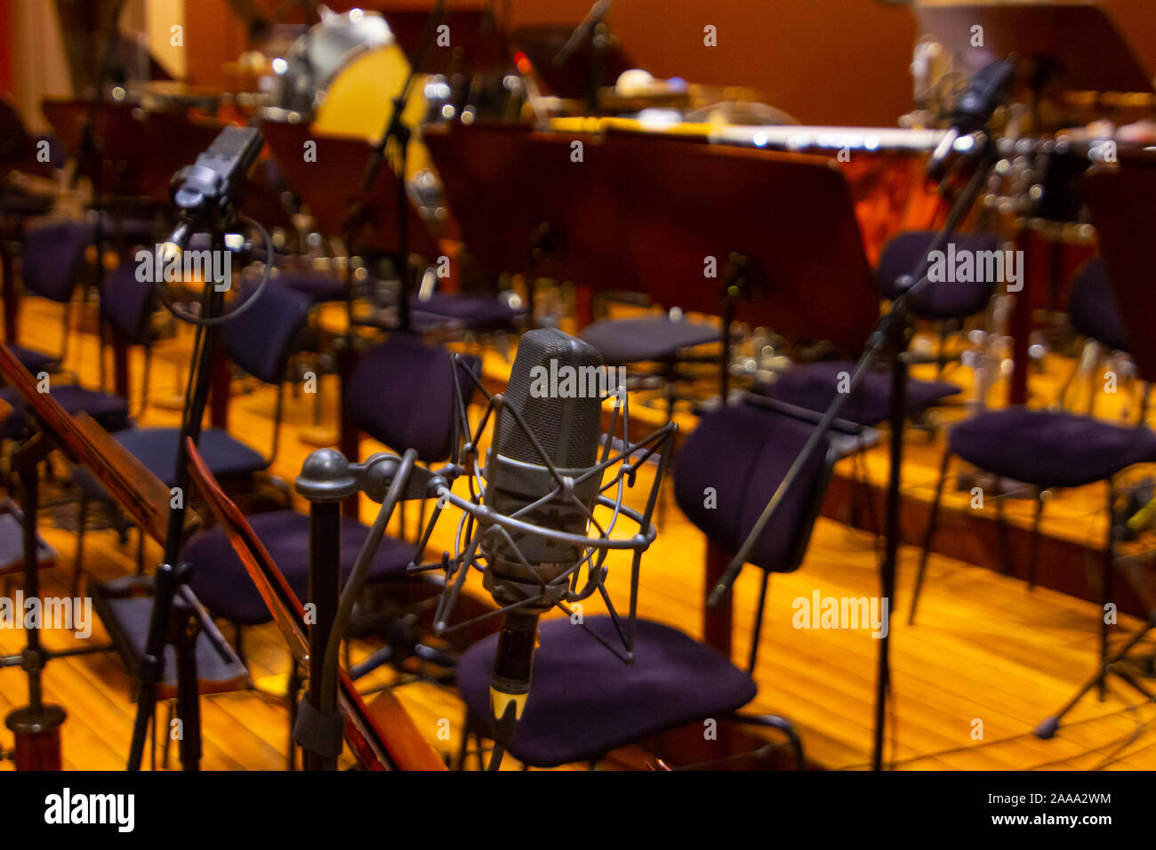 Microphone with a stand close up. Instruments of the Orchestra in philharmonia. Prague, 15.11.