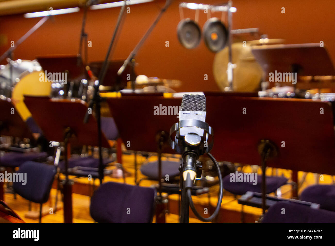 Microphone with a stand close up. Instruments of the Orchestra in philharmonia. Prague, 15.11.