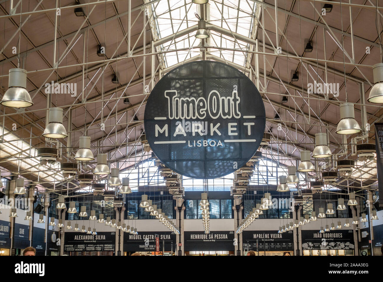 Inside The Time Out Food Market At Mercado da Ribeira Cais do Sodré, Lisbon Portugal Logo Sign Of Time Out Market Lisboa Stock Photo