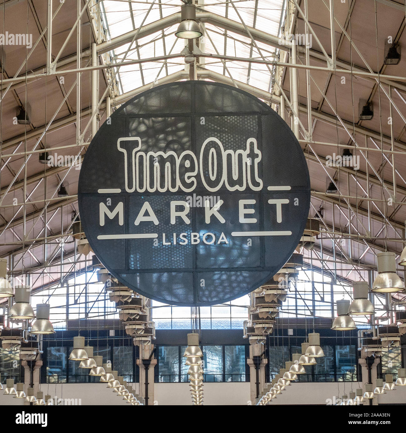 Inside The Time Out Food Market At Mercado da Ribeira Cais do Sodré, Lisbon Portugal Logo Sign Of Time Out Market Lisboa Stock Photo