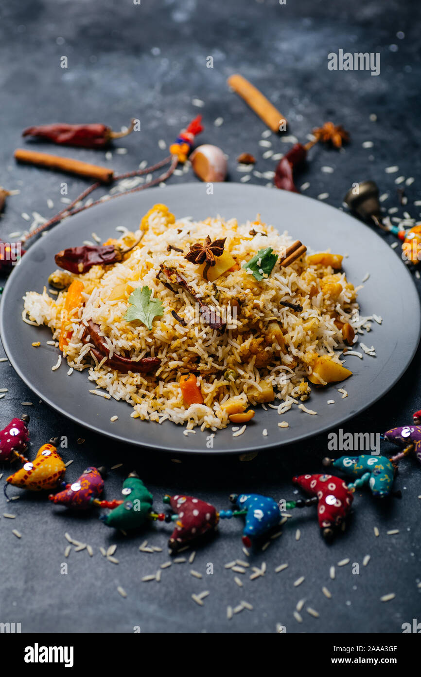 Biryani rice (Vegetable biryani). Indian basmati rice, curry vegetables